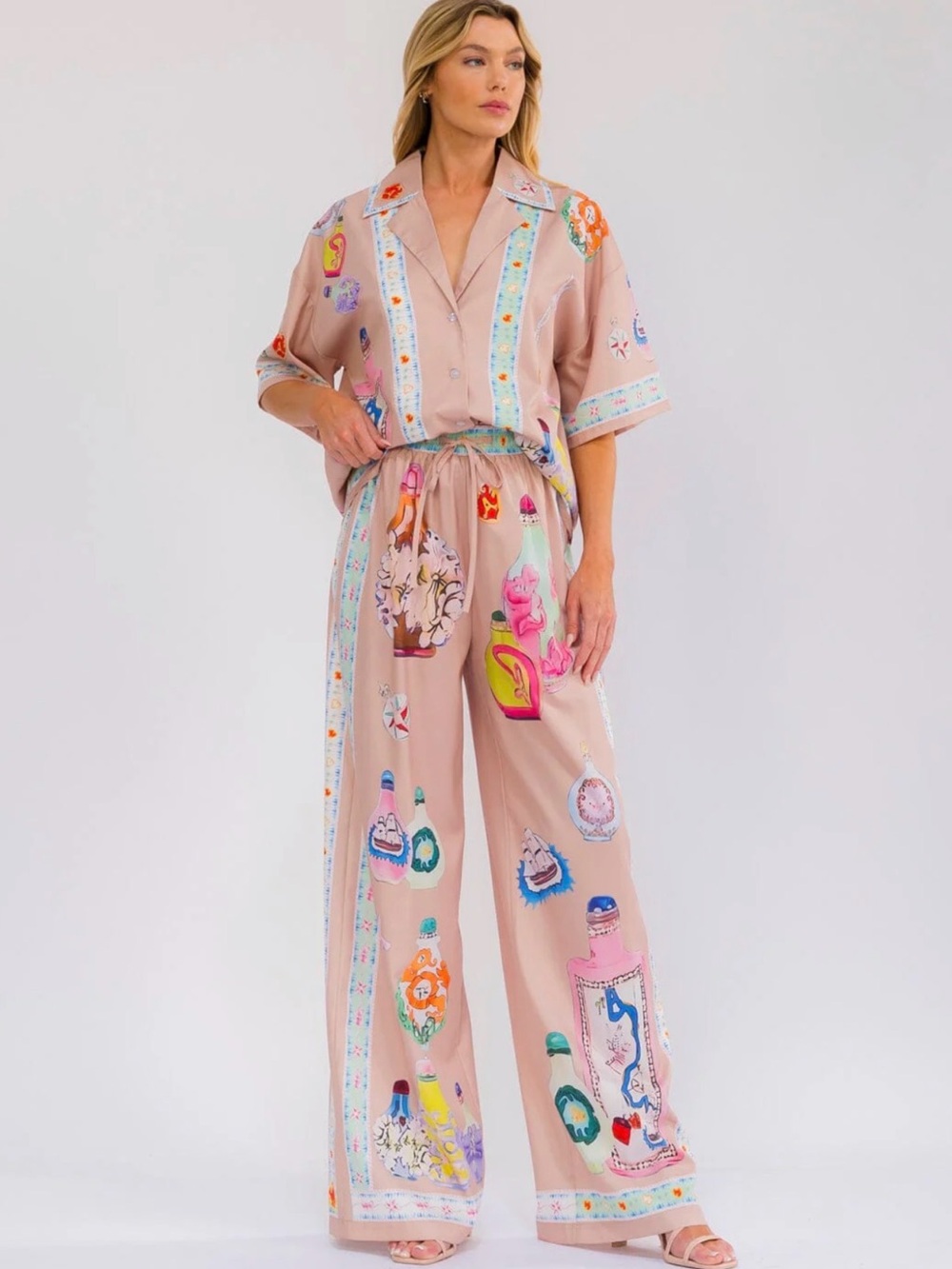 Boutique Perfume Print Button-Up & Wide-Leg Pants 2-Peice Set - Picture 3 of 8